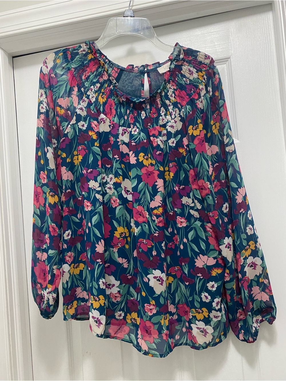 LOFT Navy Floral Smocked-Neck Blouse